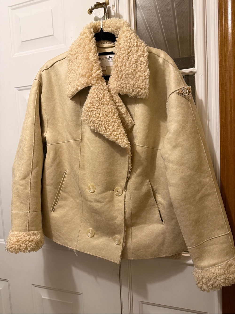 Cream Shearling-Lined Double-Breasted Pea Coat